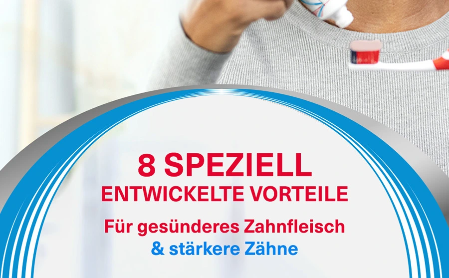 parodontax Complete Protection Extra Frisch mit 8 speziell entwickelten Vorteilen für gesünderes Zahnfleisch und stärkere Zähne.