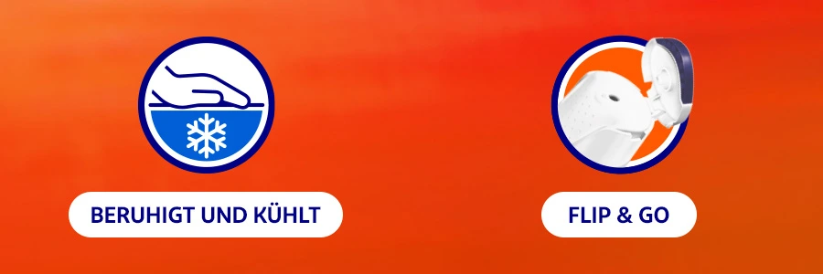 BERUHIGT UND KÜHLT: Hinterlässt ein angenehmes Gefühl und hat eine kühlende Wirkung. FLIP & GO: Klappdeckel öffnen und Gel auf die schmerzende Stelle auftragen.