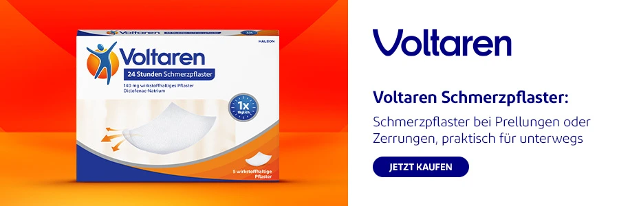 Voltaren Schmerzpflaster bei Prellungen oder Zerrungen, praktisch für unterwegs